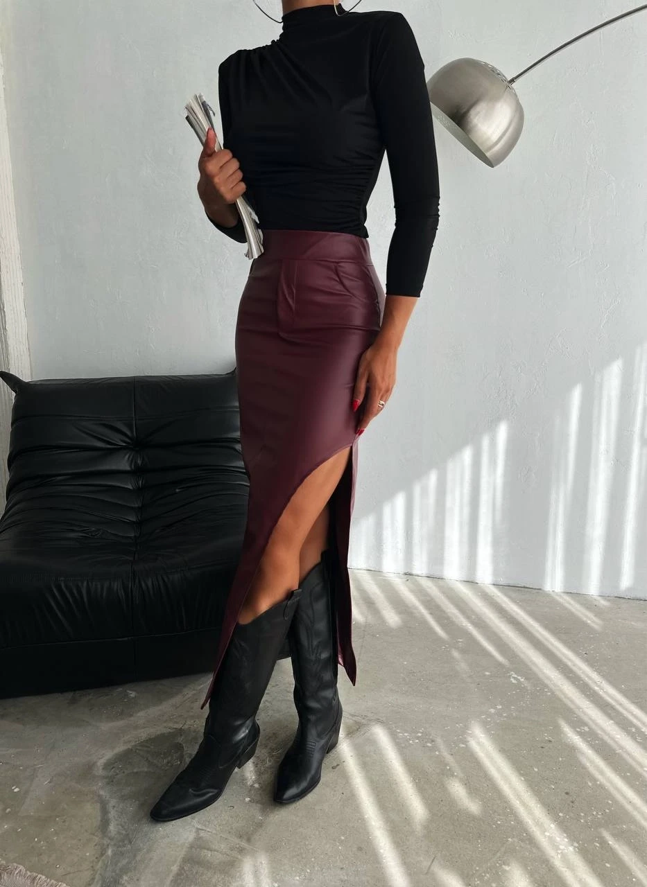 Kadın Bordo Yüksek Bel Cep Detaylı Yandan Yırtmaçlı Etek HZL25W-FRY122461