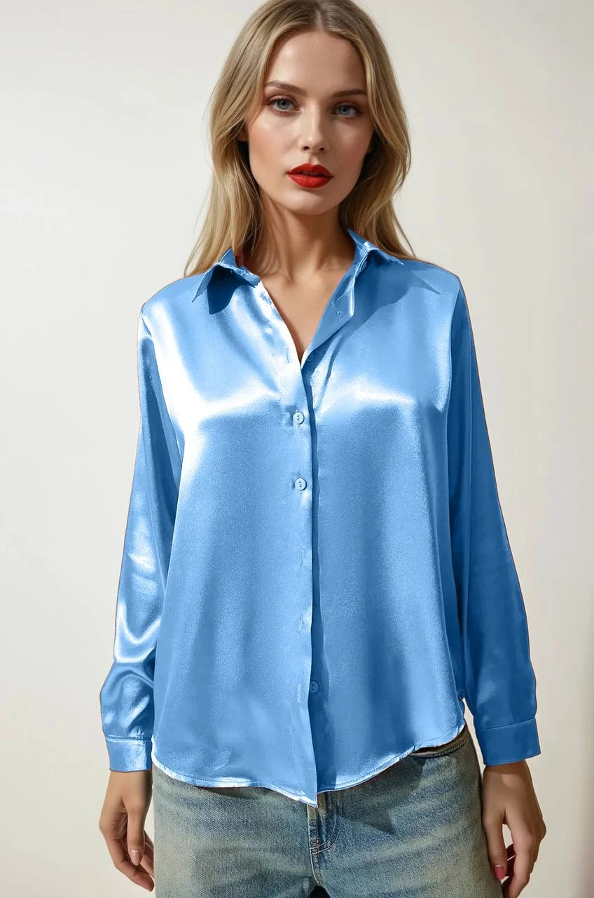 Kadın Buz Mavisi Hafif Dökümlü Saten Yüzeyli Gömlek HZL22W-BD139641