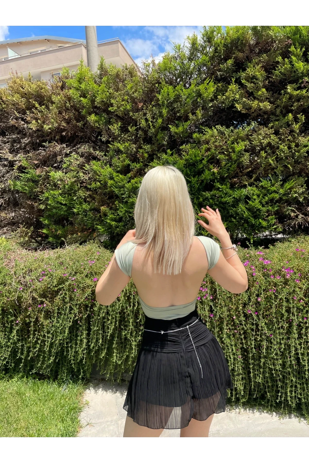 Kadın Çağla Yeşili Sırt Dekolteli Kısa Kollu Bluz HZL24S-ZK10831