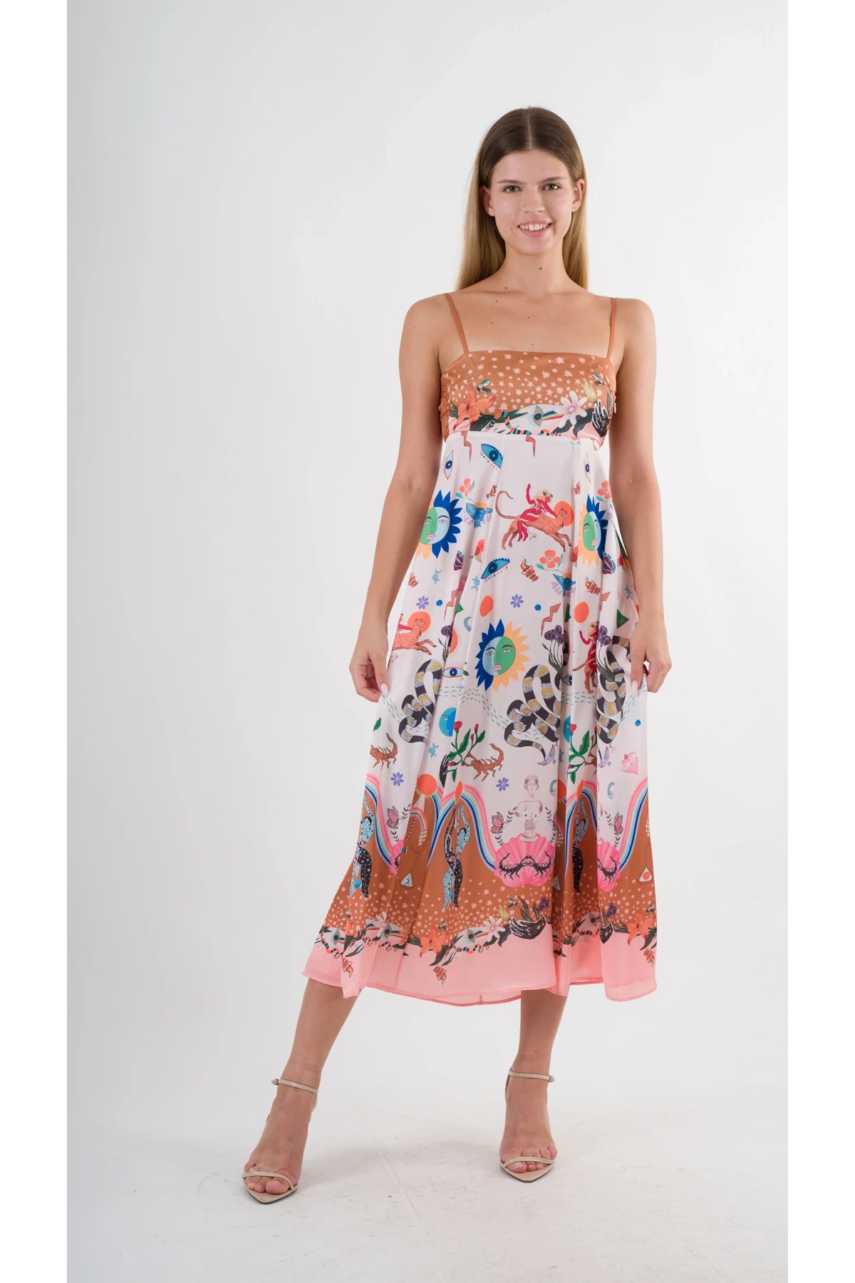 Kadın Çok Renkli İp Askılı Astarsız Uzun Elbise HZL24S-YY276