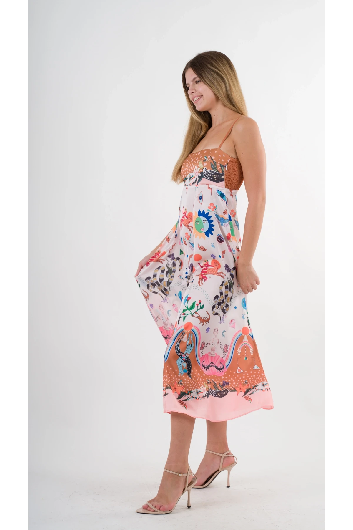 Kadın Çok Renkli İp Askılı Astarsız Uzun Elbise HZL24S-YY276