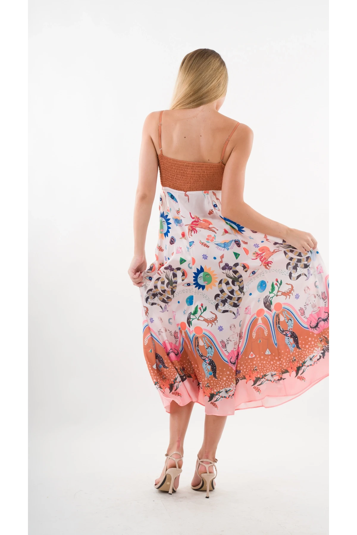 Kadın Çok Renkli İp Askılı Astarsız Uzun Elbise HZL24S-YY276