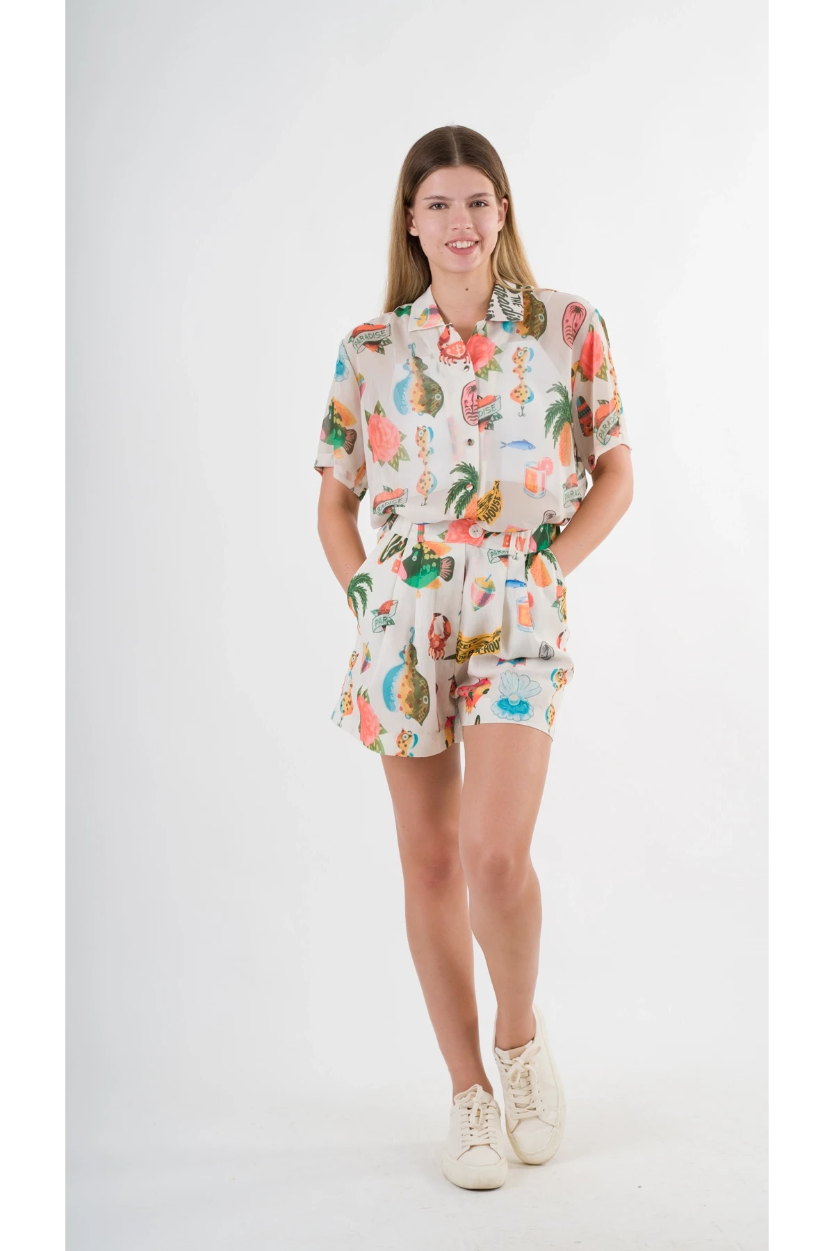 Kadın Çok Renkli Oversize Uzun Kısa Kollu Basic Şifon Gömlek HZL24S-YY996