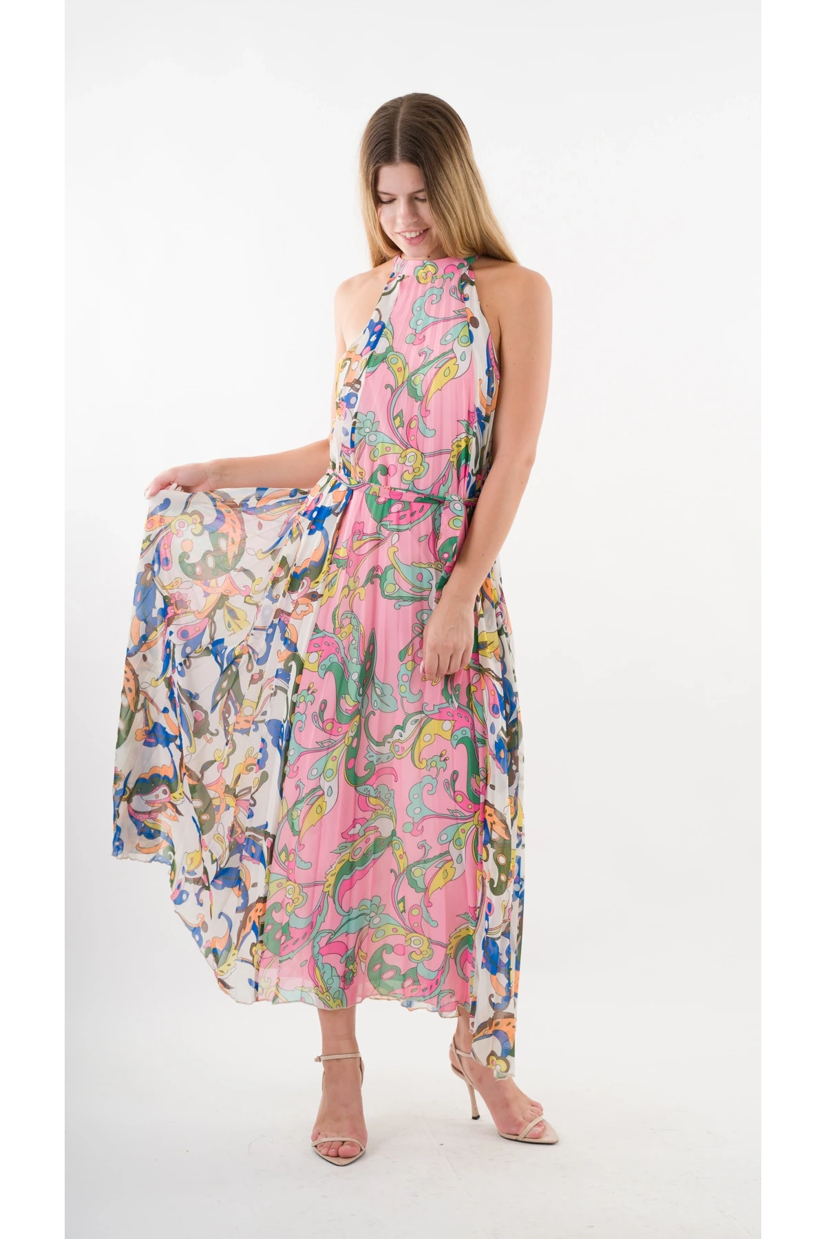 Kadın Çok Renkli Bloklu Yaprak Desenli Halter Yaka Kuşaklı Astarlı Uzun Elbise HZL24S-YY233