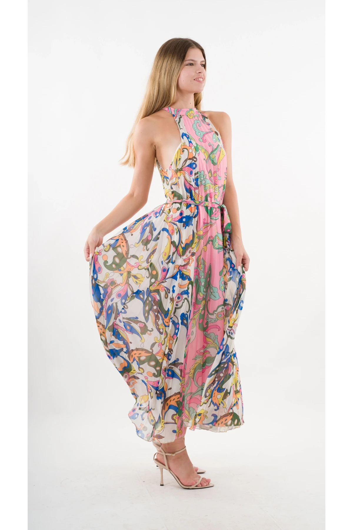 Kadın Çok Renkli Bloklu Yaprak Desenli Halter Yaka Kuşaklı Astarlı Uzun Elbise HZL24S-YY233