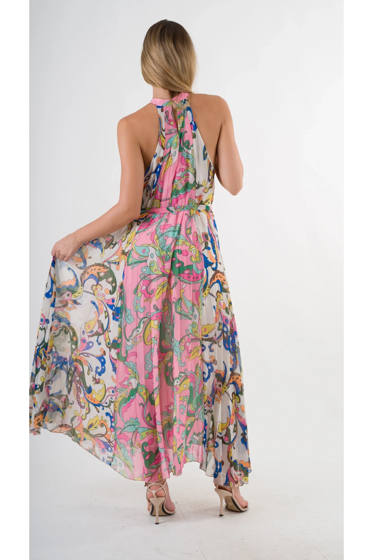 Kadın Çok Renkli Bloklu Yaprak Desenli Halter Yaka Kuşaklı Astarlı Uzun Elbise HZL24S-YY233