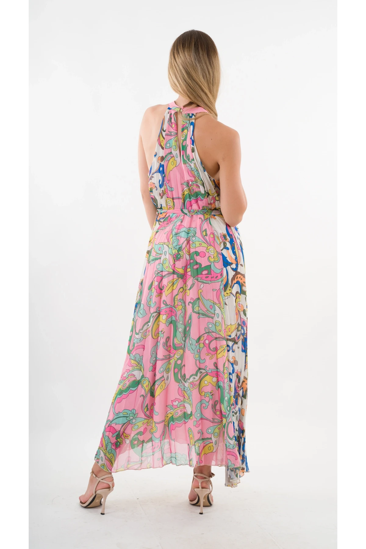 Kadın Çok Renkli Bloklu Yaprak Desenli Halter Yaka Kuşaklı Astarlı Uzun Elbise HZL24S-YY233