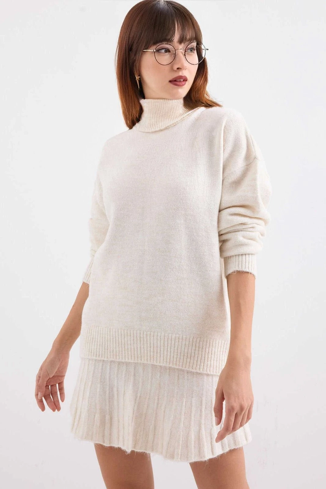 Kadın Ekru Kazak Etek Triko İkili Takım HZL25W-BD1102641