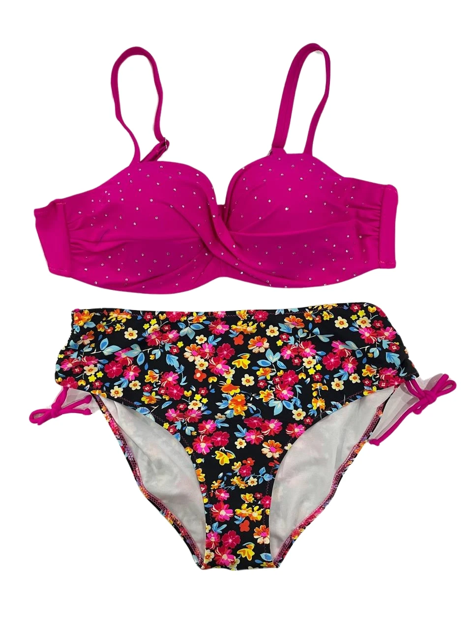 Kadın Fuşya Çiçek Desenli Taş İşlemeli Büyük Beden Astarlı Bikini Takım HZL25S-LC3312