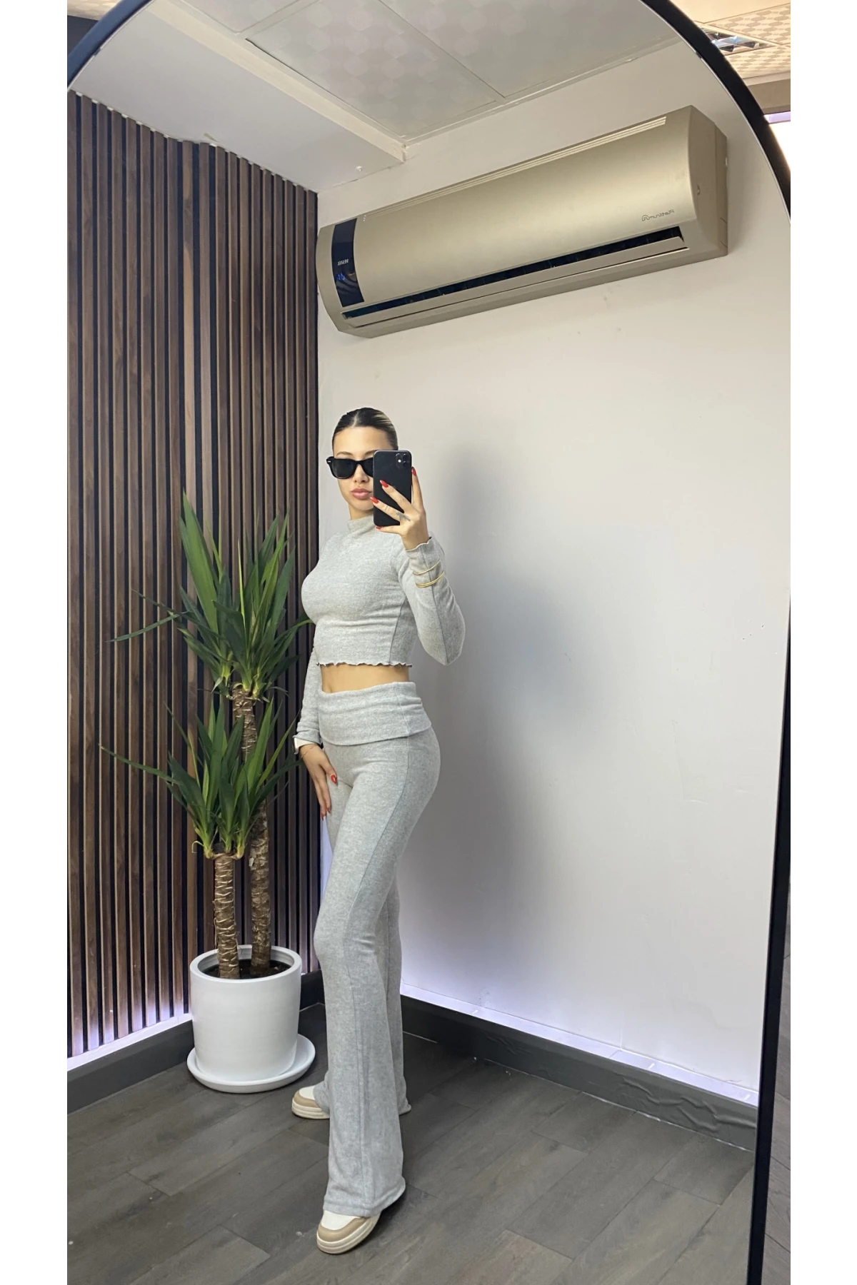 Kadın Gri Bel Katlamalı İspanyol İkili Yumoş Takım HZL25W-ZK13501