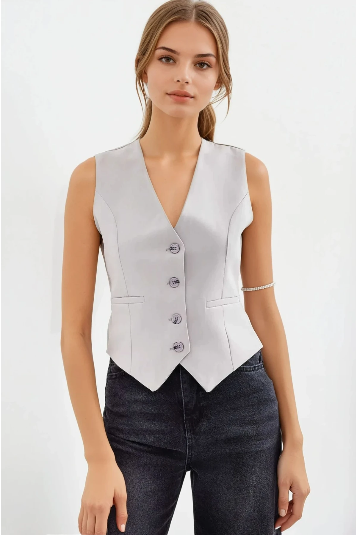 Kadın Gri Düğmeli Astarlı Yelek HZL25S-BD167961