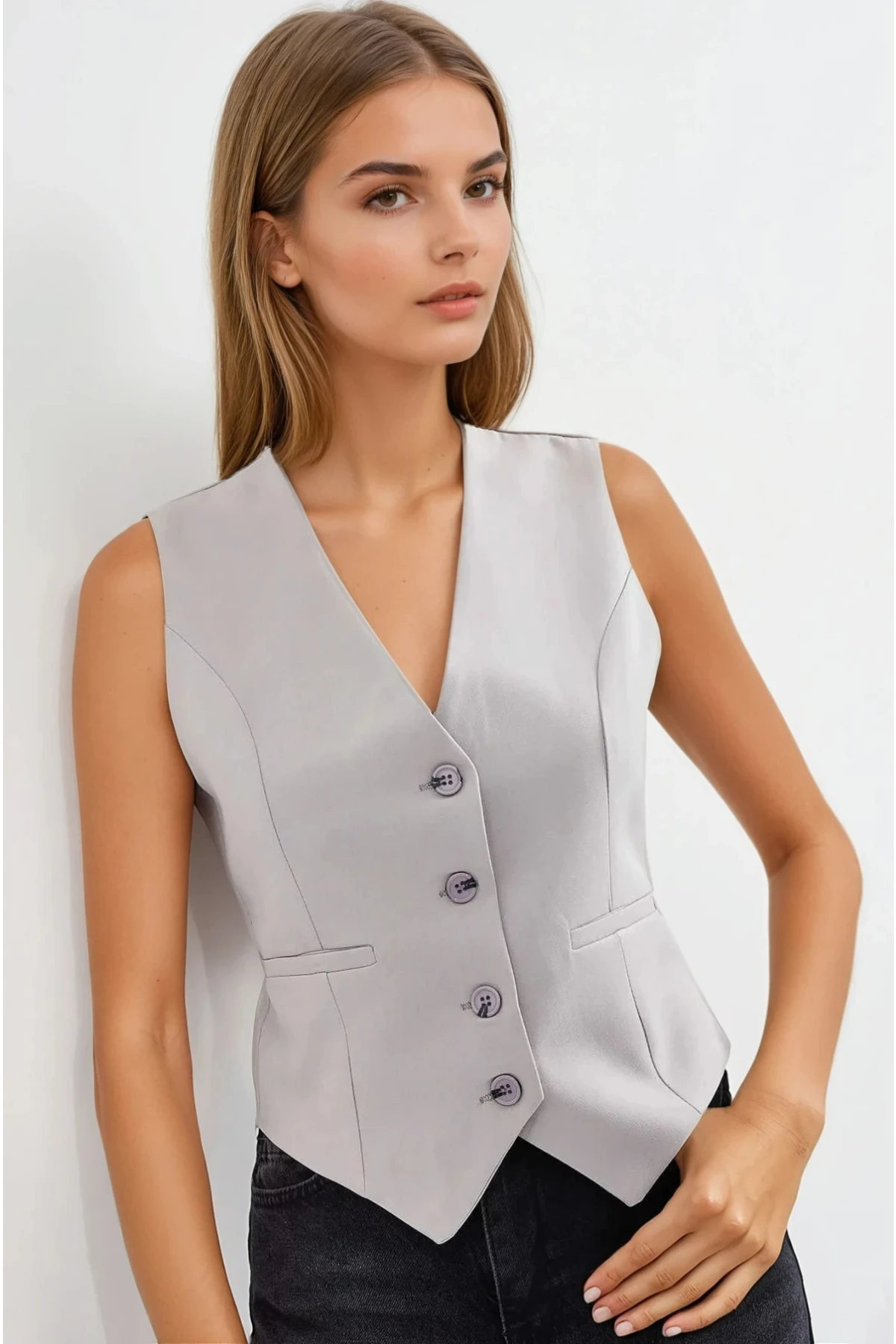Kadın Gri Düğmeli Astarlı Yelek HZL25S-BD167961