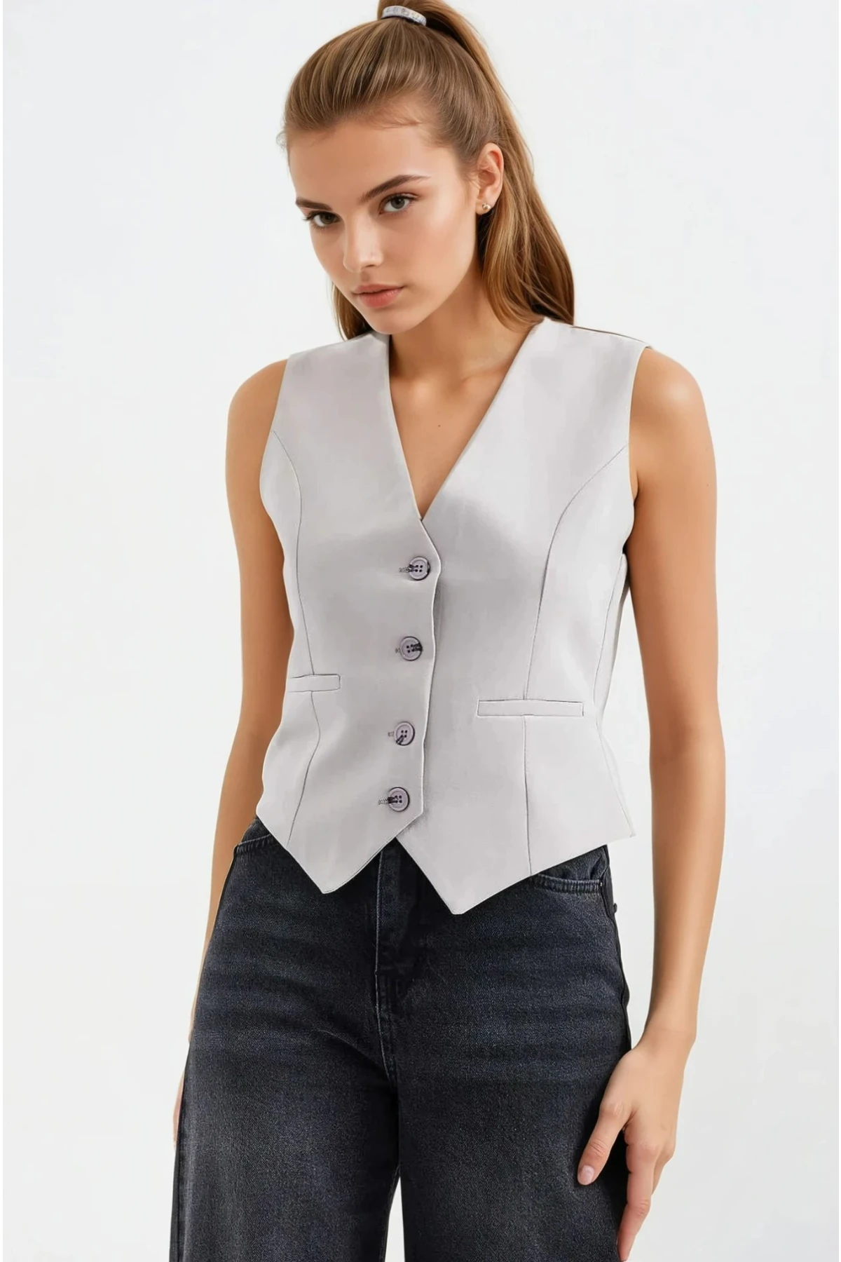 Kadın Gri Düğmeli Astarlı Yelek HZL25S-BD167961