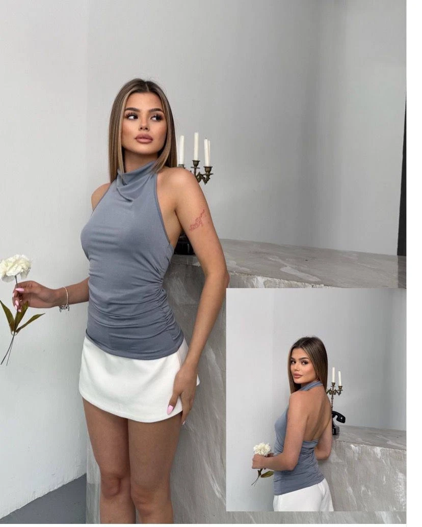 Kadın Gri Halter Yaka Sırtı Açık Sandy Bluz HZL25S-FRY123141