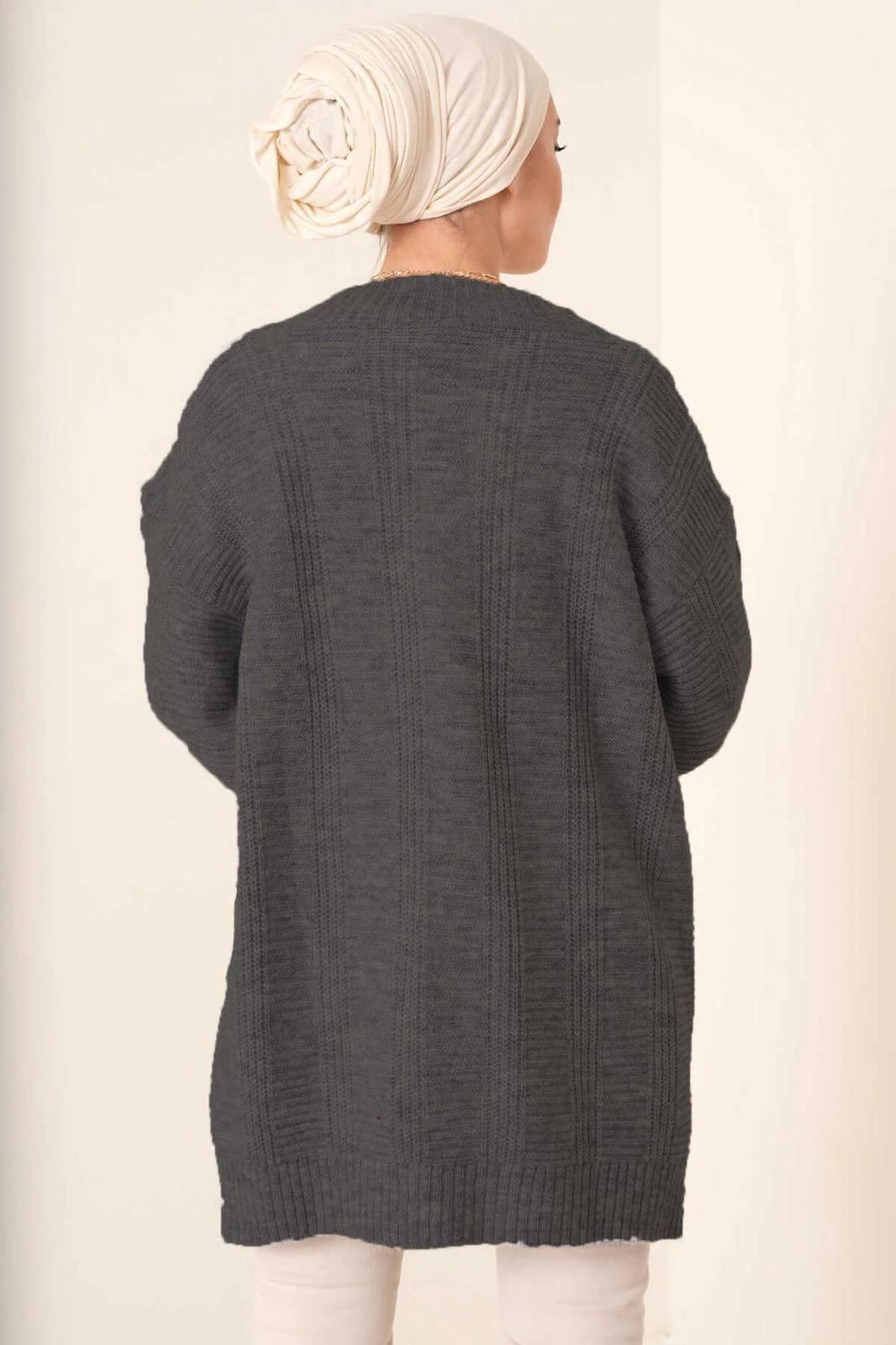 Kadın Gri Saç Örgü Desen Uzun Düğmeli Rahat Kesim Triko Hırka HZL23W-BD1100691