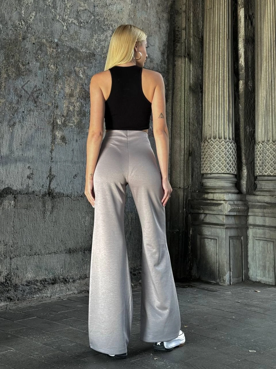 Kadın Gri Yüksel Bel Kemer Detaylı İspanyol Paça Pantolon HZL25W-ZK11481