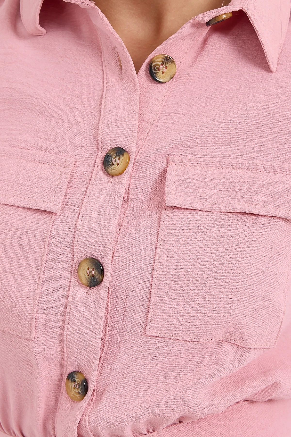 Kadın Gül Kurusu Cepli Düğmeli Kısa Kollu Yazlık  Crop Gömlek Ceket HZL22S-BD106631