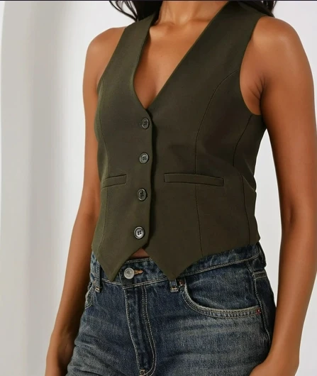 Kadın Haki Düğmeli Astarlı Yelek HZL25S-BD167961