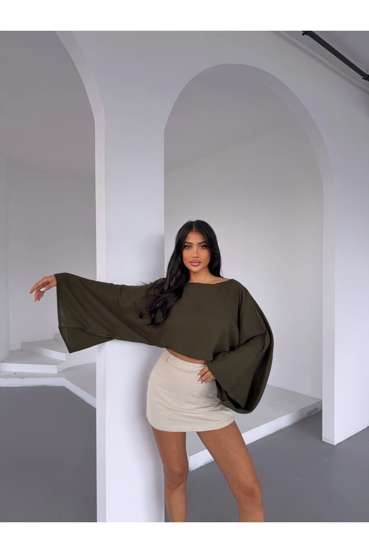 Kadın Haki Panço Model Müslin Bluz HZL25S-DSB16161