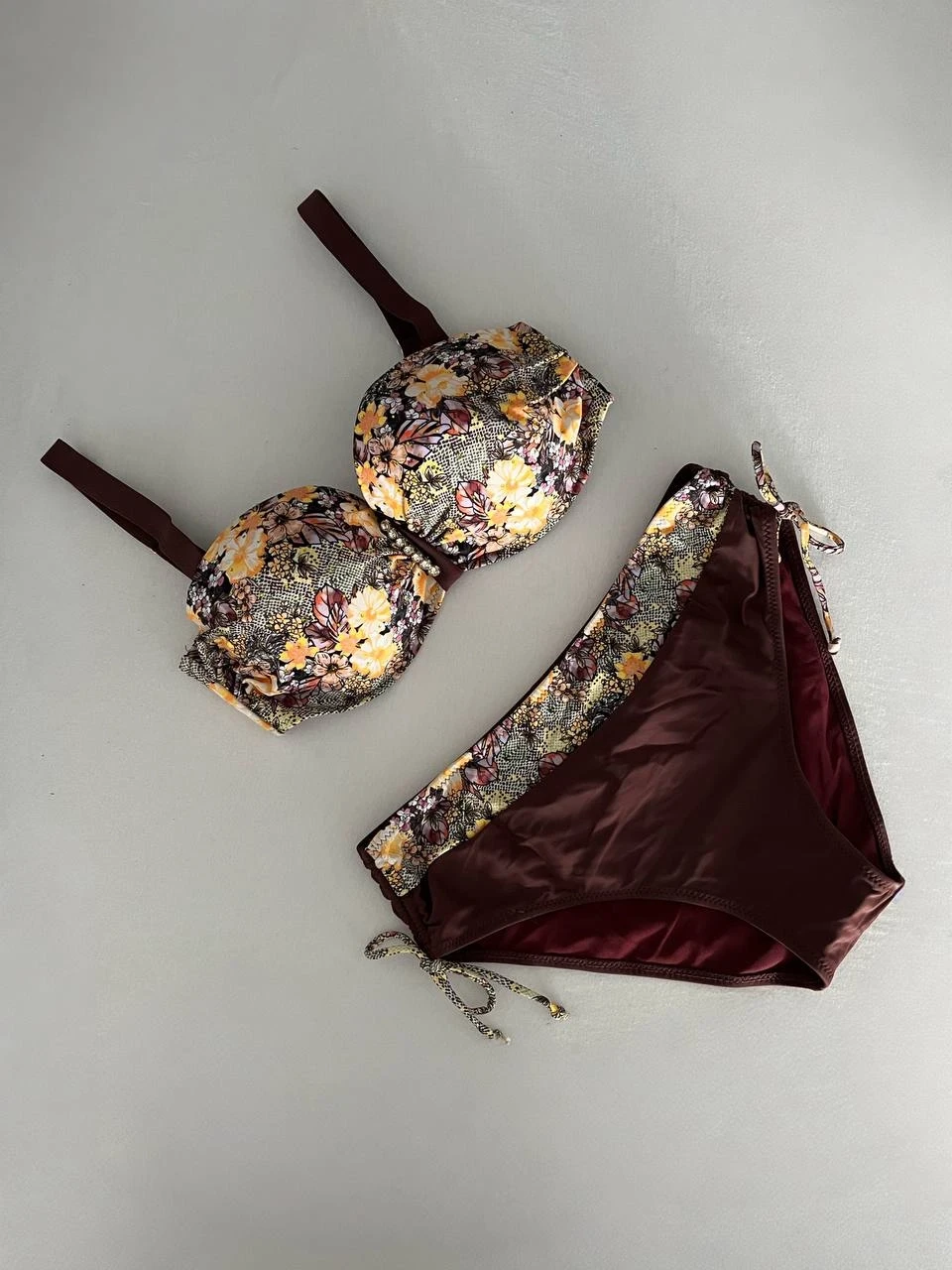 Kadın Kahve Çiçek Desenli Büyük Beden Astarlı Lacivert Bikini Takım HZL25S-LC3301