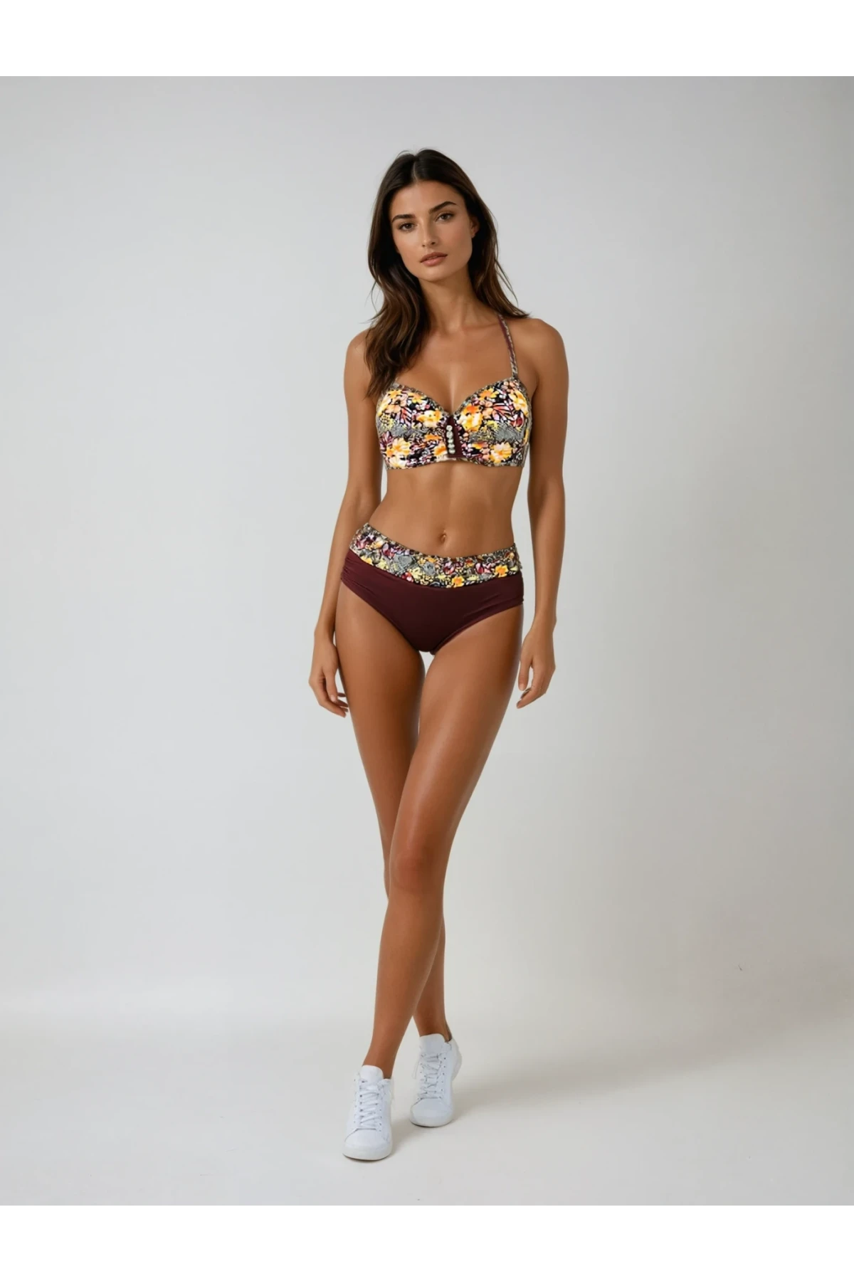 Kadın Kahve Çiçek Desenli Büyük Beden Astarlı Lacivert Bikini Takım HZL25S-LC3301