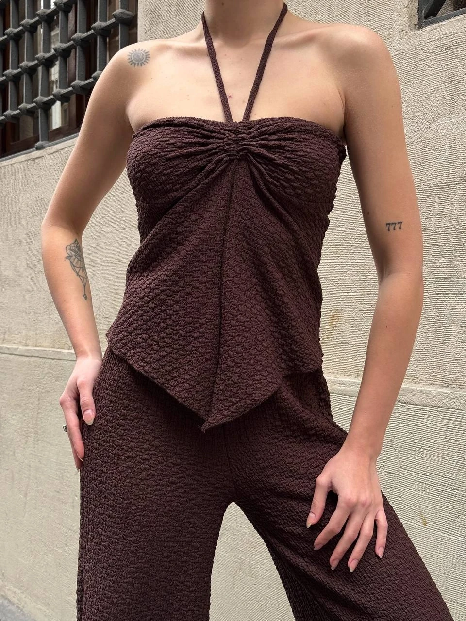 Kadın Kahverengi Boyundan Bağlamalı Staplez Bluz HZL25S-ZK13581