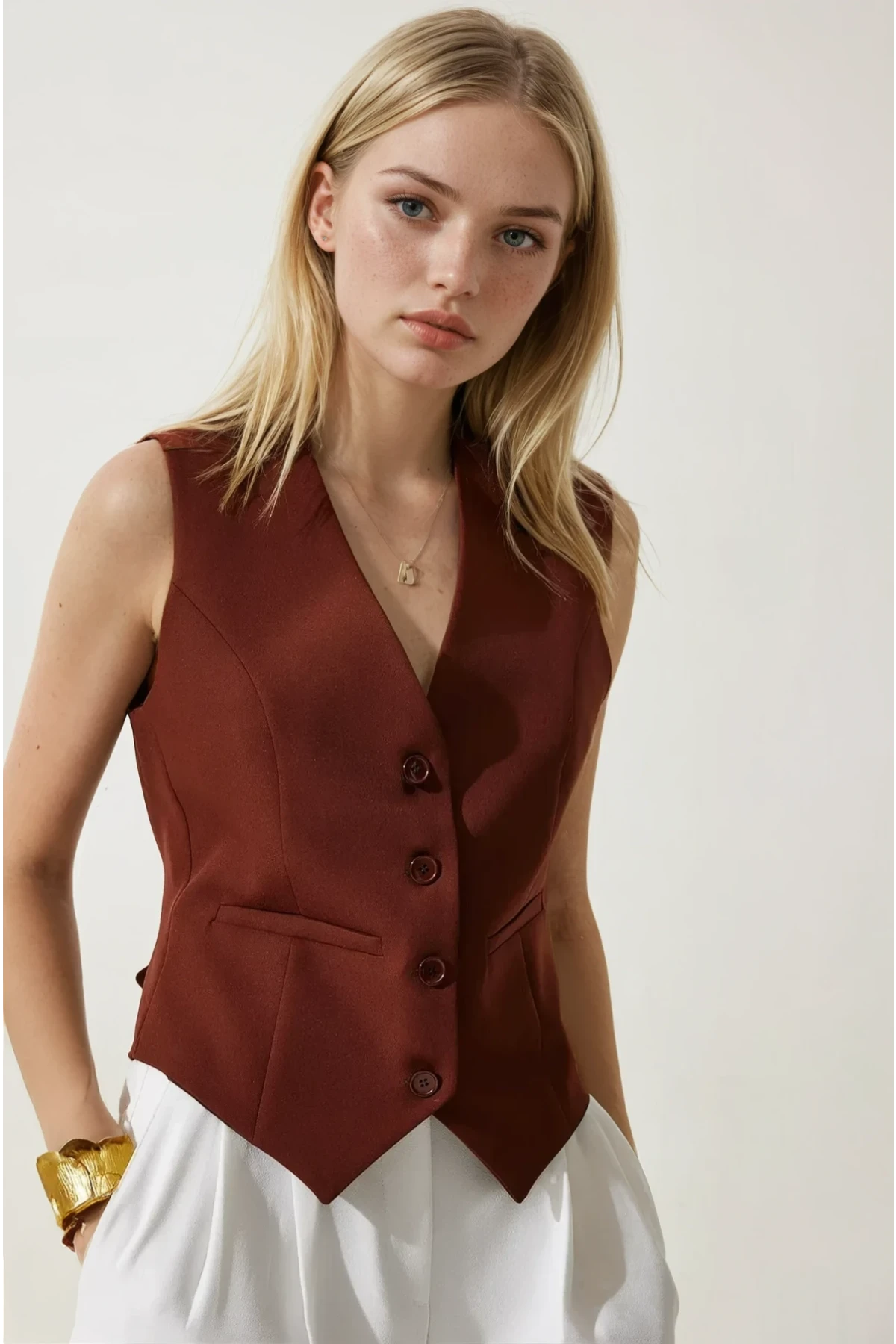 Kadın Kahverengi Düğmeli Astarlı Yelek HZL25S-BD167961