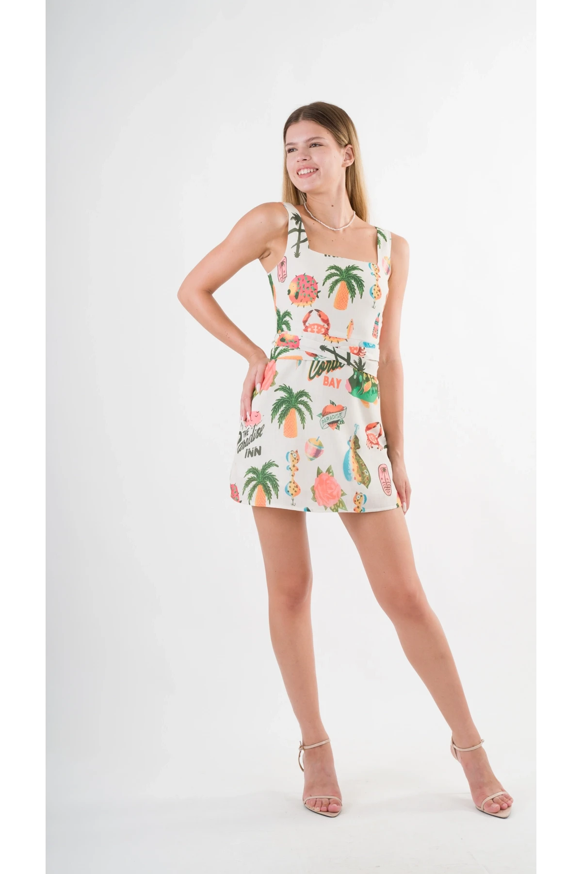 Kadın Krem Tropical Desenli Askılı Sırt Bağlamalı Kuşaklı Mini Elbise HZL24S-YY297