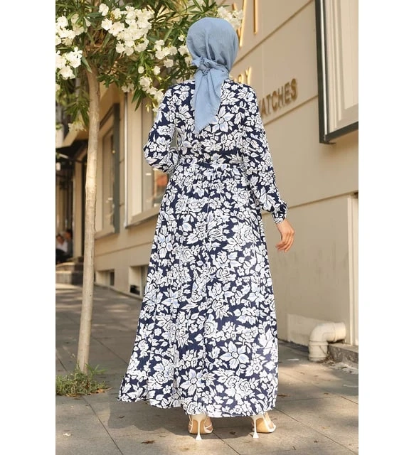 Kadın Lacivert Desenli Hakim Yaka Yazlık Uzun Elbise HZL25W-BD122971