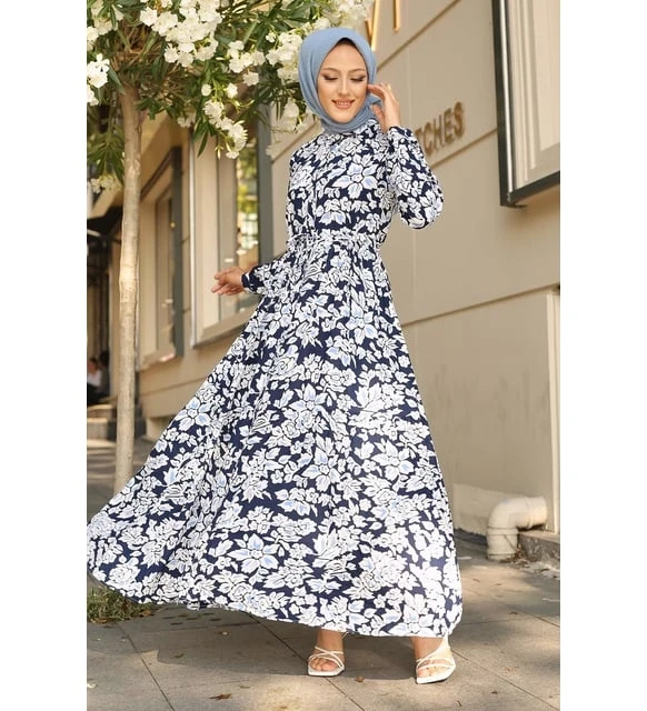 Kadın Lacivert Desenli Hakim Yaka Yazlık Uzun Elbise HZL25W-BD122971