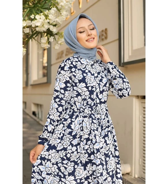 Kadın Lacivert Desenli Hakim Yaka Yazlık Uzun Elbise HZL25W-BD122971