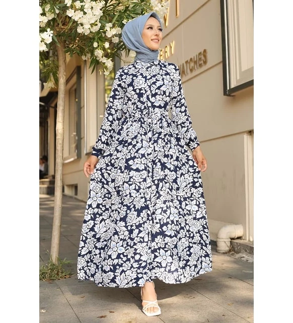 Kadın Lacivert Desenli Hakim Yaka Yazlık Uzun Elbise HZL25W-BD122971
