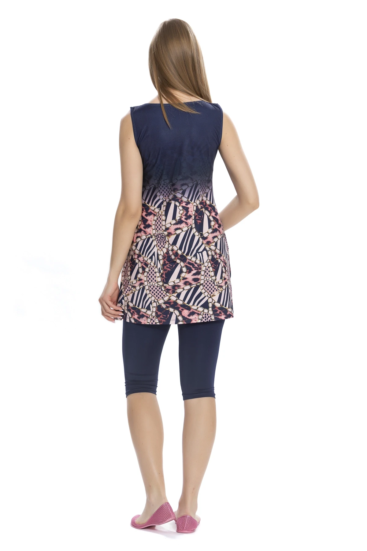 Kadın Lacivert Pembe Zincir Desen Kolsuz Yarı Kapalı Taytlı Mayo HZL25S-AR160/02