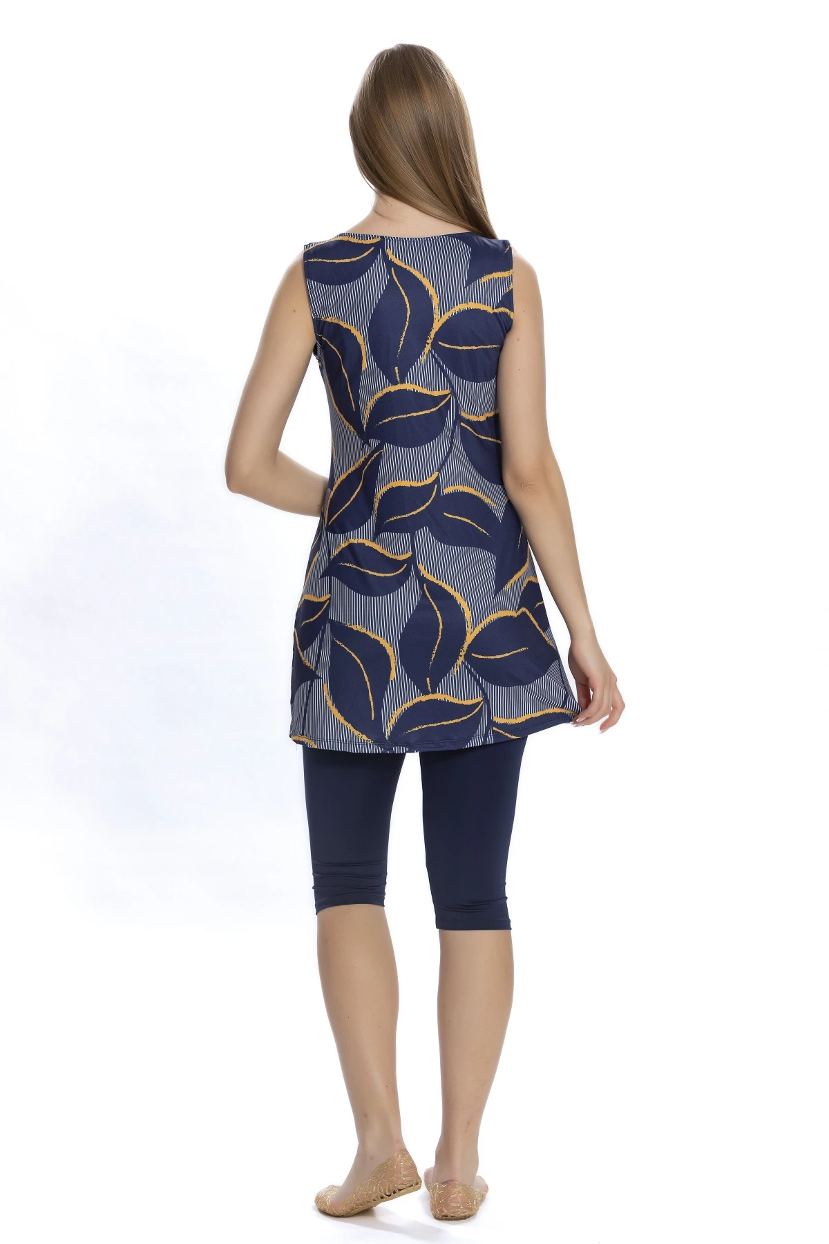 Kadın Lacivert Yaprak Desen Kolsuz Yarı Kapalı Taytlı Mayo HZL25S-AR152/504