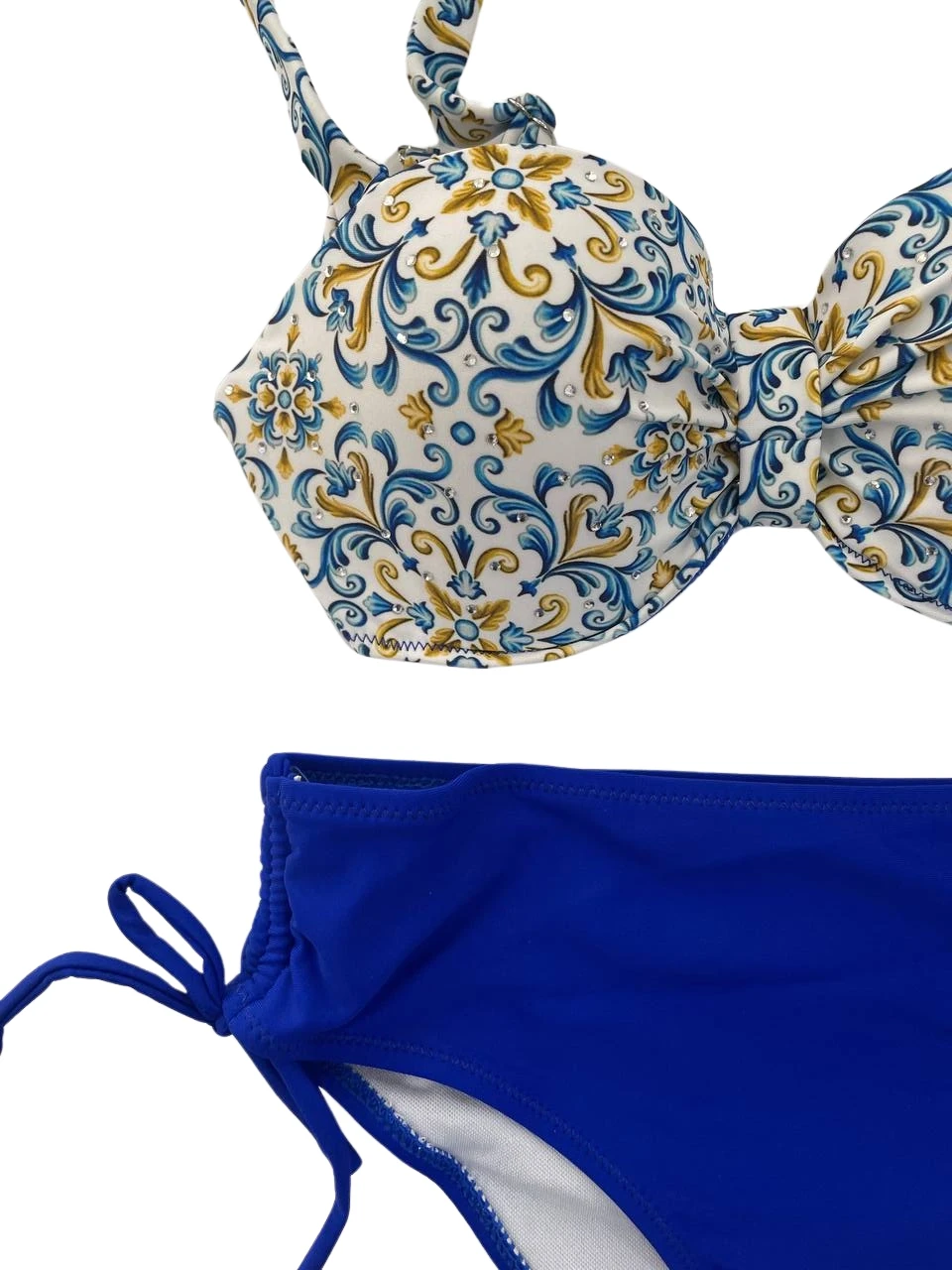 Kadın Mavi Beyaz Desenli Taş İşlemeli  Astarlı Bikini Takım HZL25S-LC3309