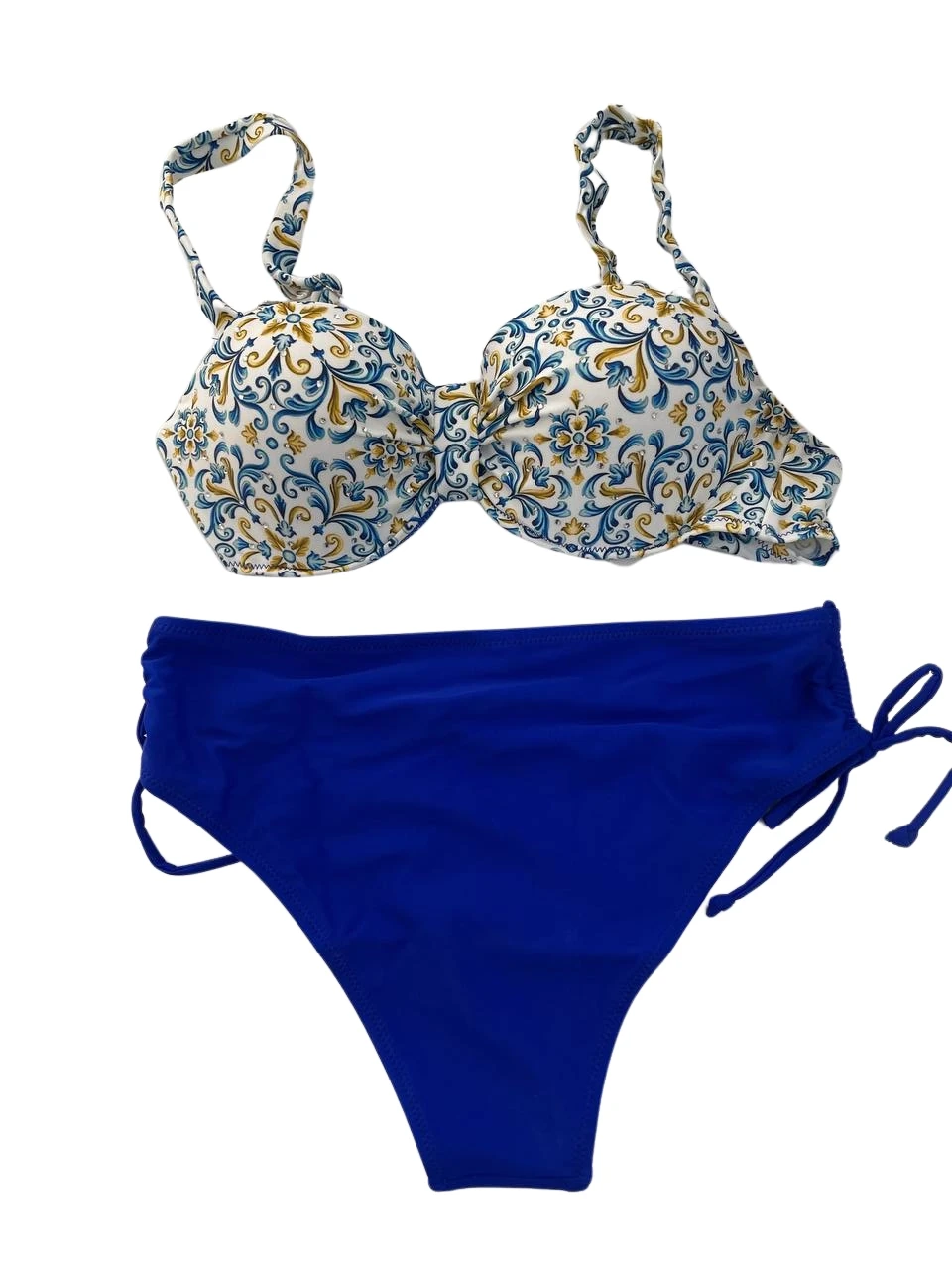 Kadın Mavi Beyaz Desenli Taş İşlemeli  Astarlı Bikini Takım HZL25S-LC3309