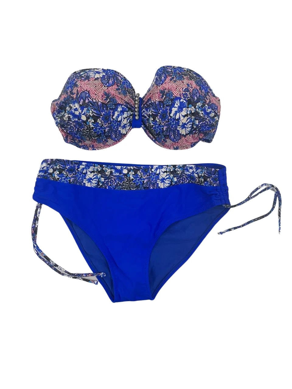 Kadın Mavi Çiçek Desenli Büyük Beden Astarlı Lacivert Bikini Takım HZL25S-LC3301