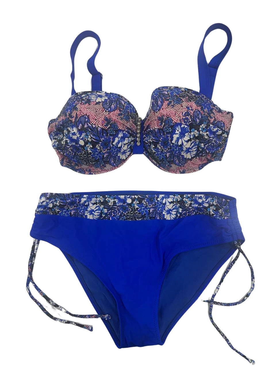 Kadın Mavi Çiçek Desenli Büyük Beden Astarlı Lacivert Bikini Takım HZL25S-LC3301