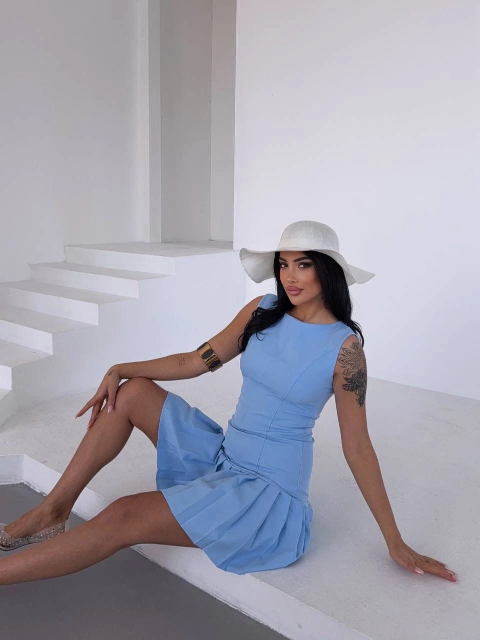 Kadın Mavi İthal Dooble Kumaş Kolsuz Elbise HZL25W-FRY122651