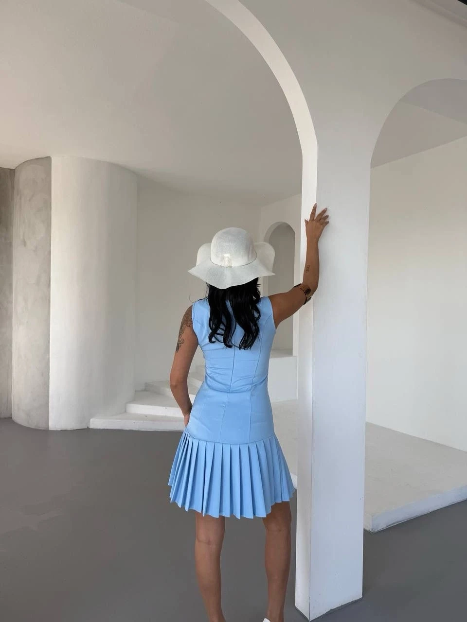 Kadın Mavi İthal Dooble Kumaş Kolsuz Elbise HZL25W-FRY122651