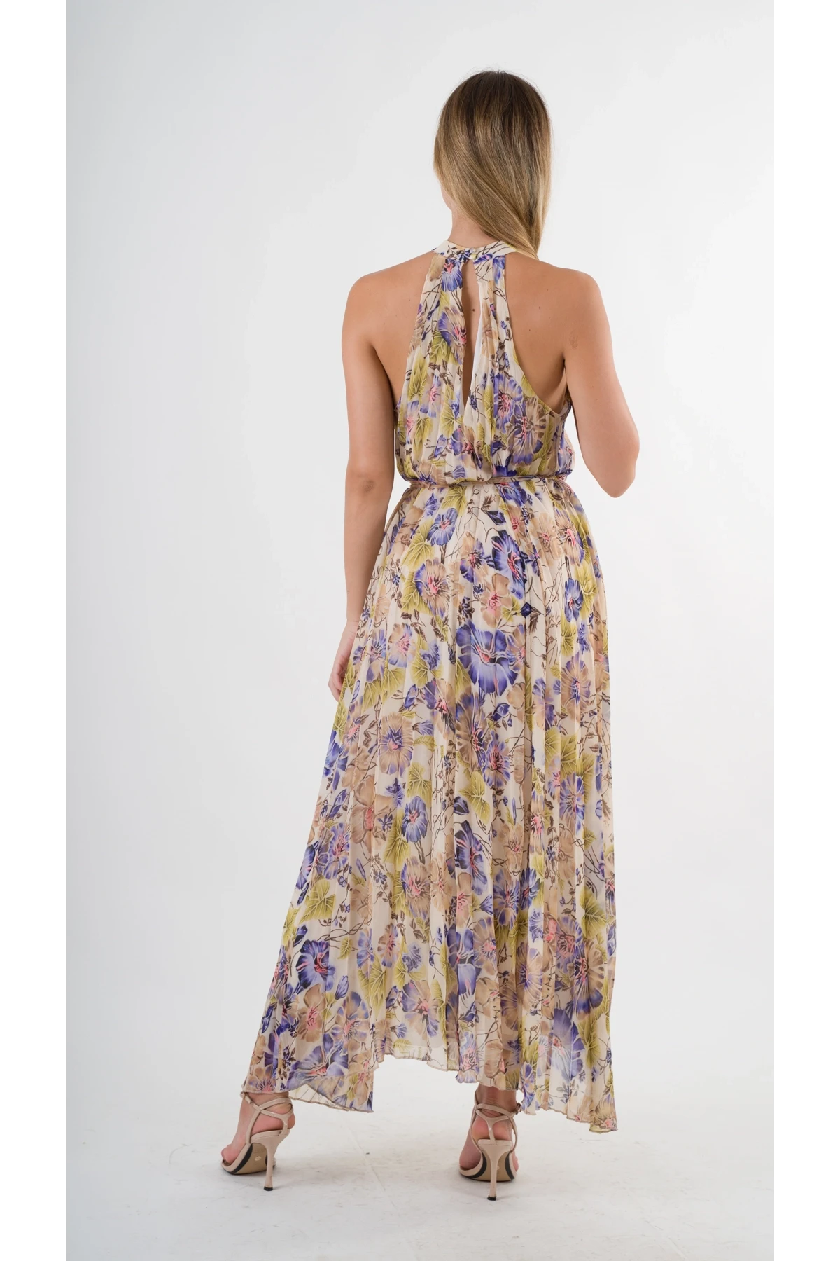 Kadın Mor Çicek Desenli Halter Yaka Kuşaklı Astarlı Uzun Elbise HZL24S-YY233