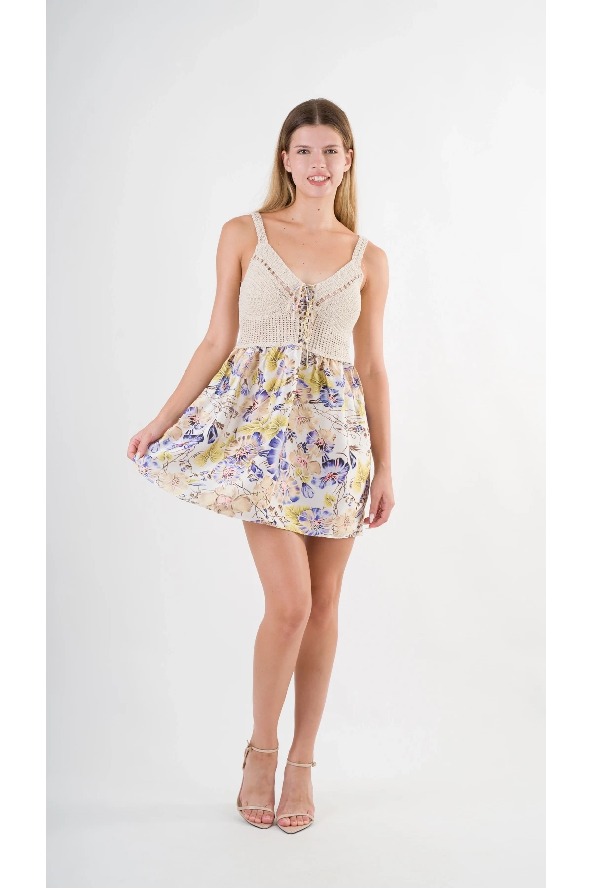 Kadın Mor Önden İp Bağlamalı Ajurlu Model Saten Yüzeyli Mini Elbise HZL24S-YY250