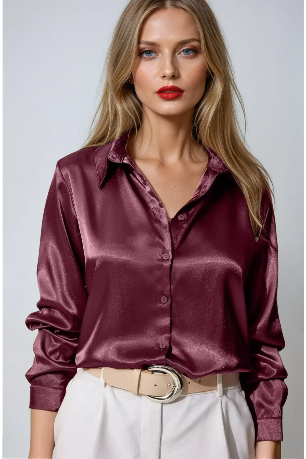 Kadın Mürdüm Hafif Dökümlü Saten Yüzeyli Gömlek Hzl22w-bd139641