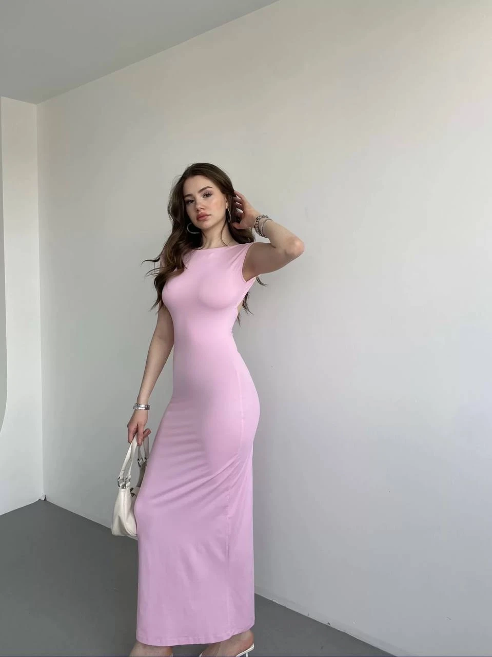Kadın Pembe Sırt Dekolteli Yumuşak Dokulu Elbise HZL25S-ZK13321