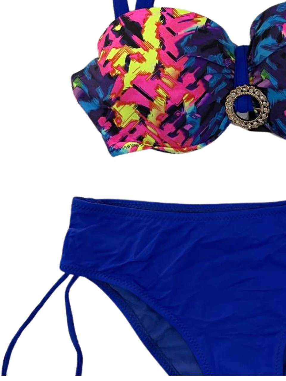 Kadın Saks Mavi Renk Desenli Toka Detaylı  Astarlı Bikini Takım HZL25S-LC3322