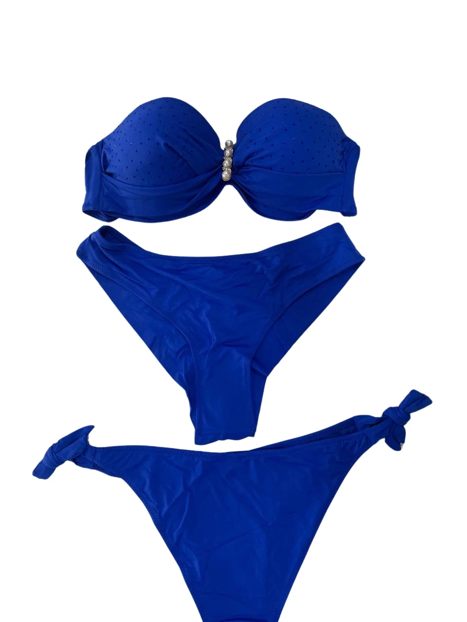 Kadın Saks Mavi Taş İşlemeli Tokalı  Astarlı Bikini Takım HZL24S-LC3306