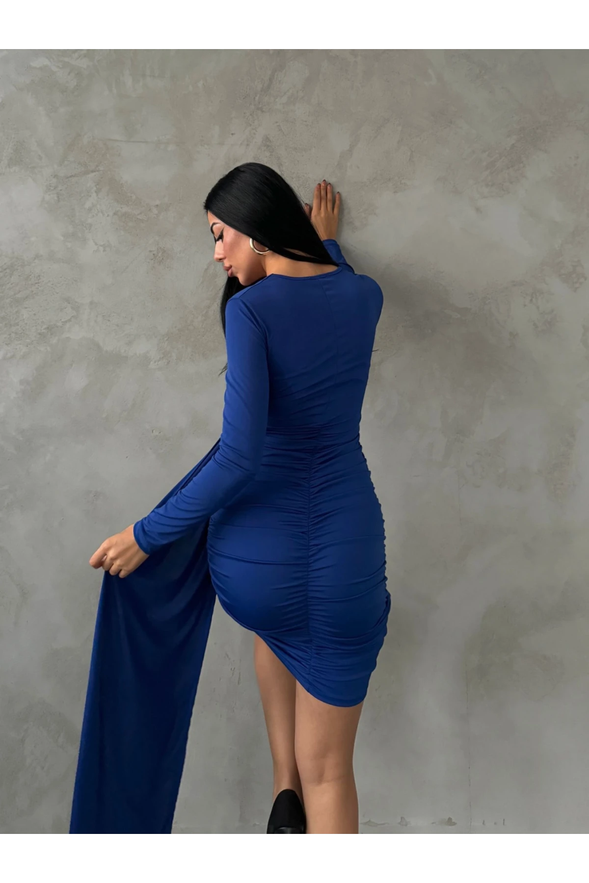 Kadın Saks Mavi V Yaka Toka Ve Büzgü Detaylı Elbise HZL25W-FRY122611