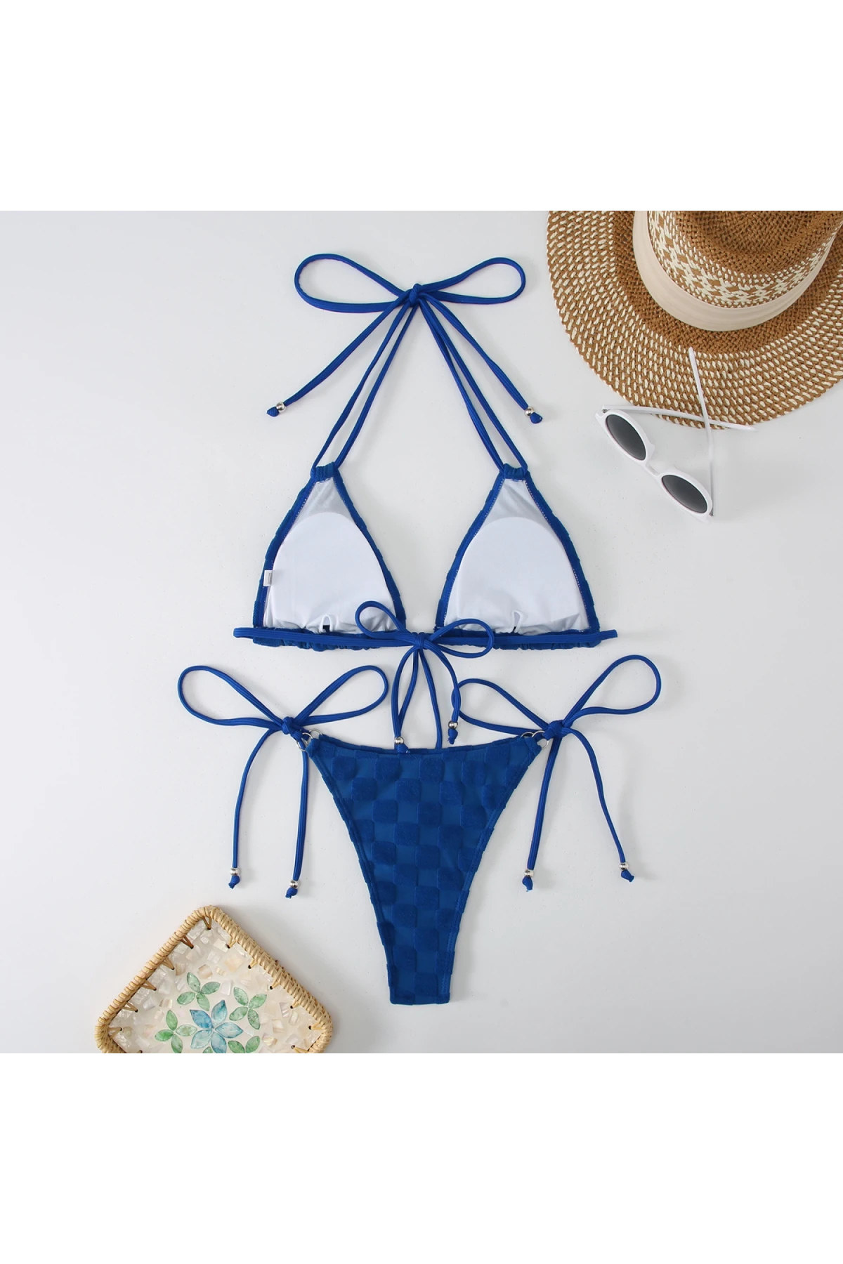 Kadın Saks Mavisi  İp Bağlamalı Aksesuarlı Astarlı Yüksek Bel Üçgen Bikini Takım HZL24S-LC2229