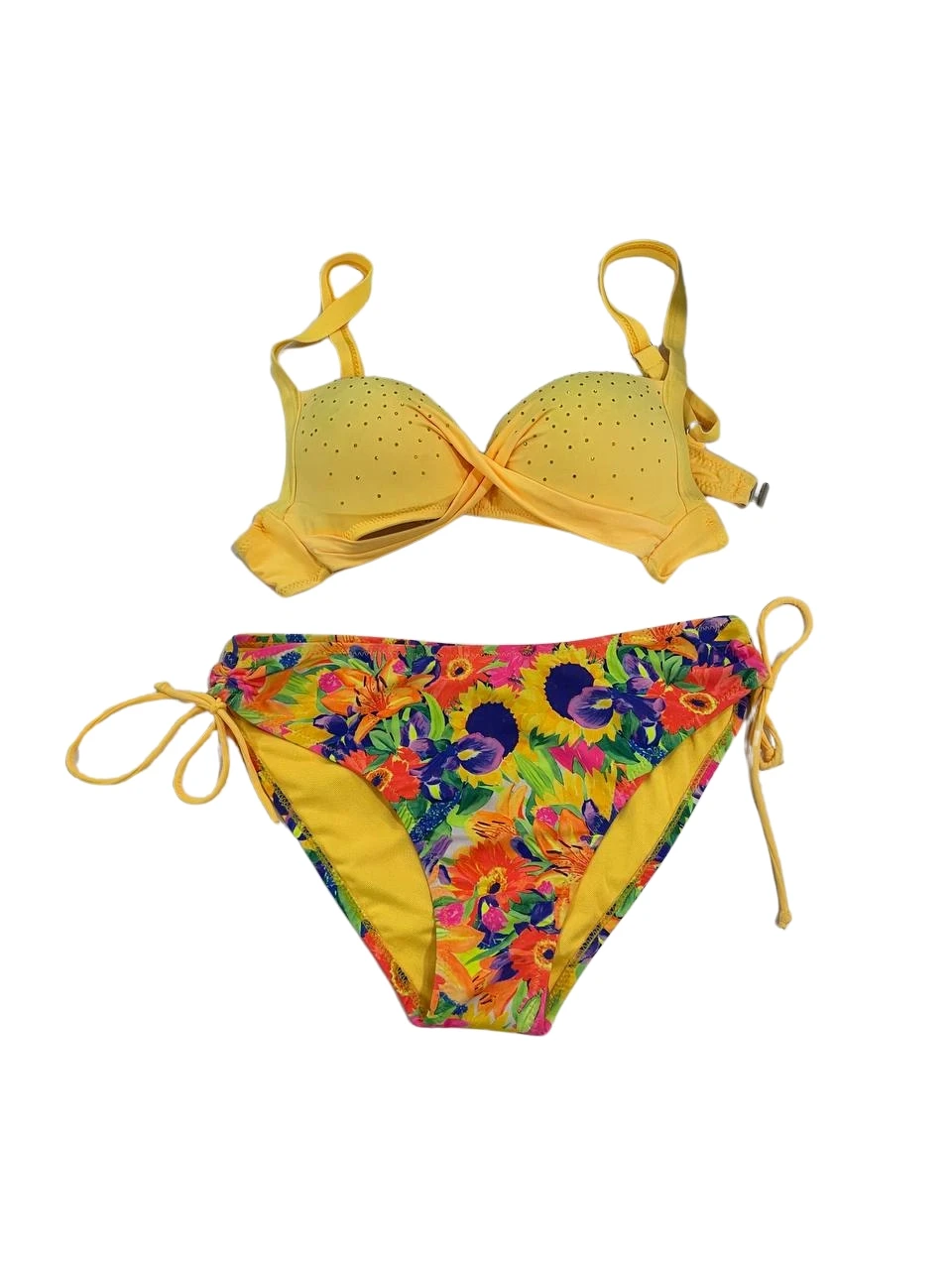 Kadın Sarı Çiçek Desenli Taş İşlemeli  Astarlı Bikini Takım HZL25S-LC3313