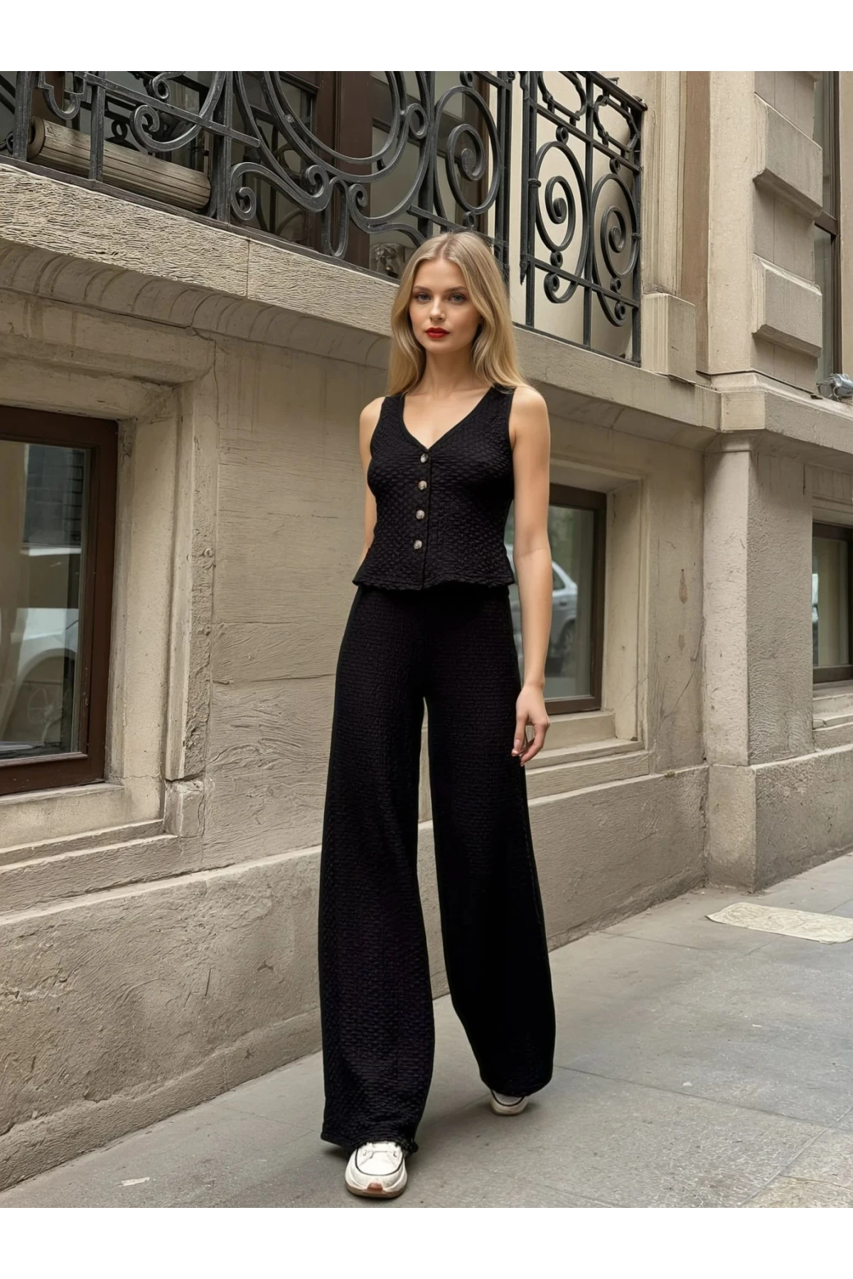 Kadın Siyah Gofre Kumaş Yelek Pantolon İkili Takım HZL25S-ZK13591